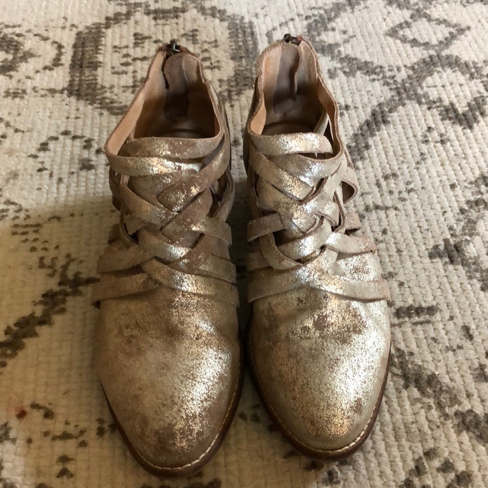 Seychelles gold strappy ankle booties.